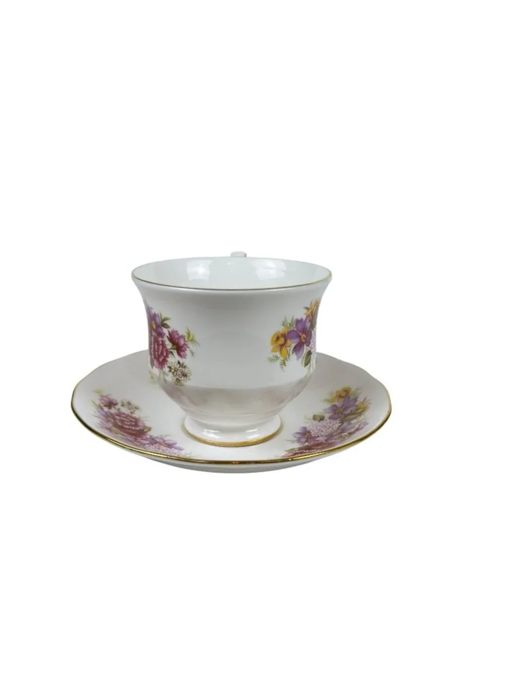 Vintage Queen Anne Fine Bone China Teacup Saucer Purple Red Floral Gold Trim